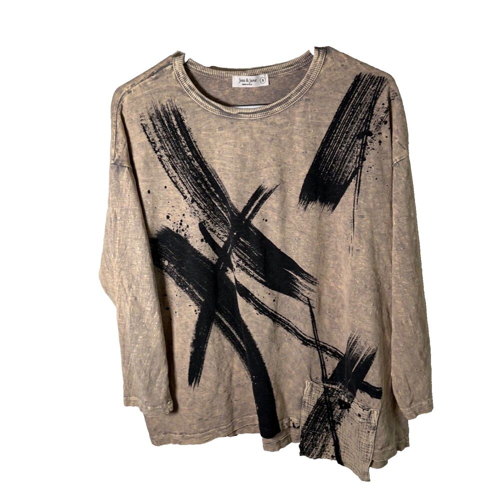 Jess & Jane T-Shirt Women's Small Round Neck Brown Printed 3/4 Sleeve Lagenlook